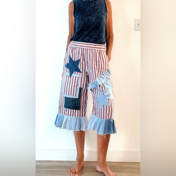 Red and blue striped upcycled bloomer/pants, denim ruffles and patchwork stars M - Picture 4 of 10